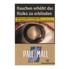 Schachtel Zigaretten Pall Mall Authentic blau. Braune Packung mit blauen Streifen und weißem Pall Mall Logo.