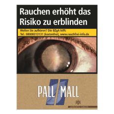 Schachtel Zigaretten Pall Mall Authentic blau XXL. Braune Packung mit blauen Streifen und weißem Pall Mall Logo.