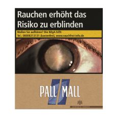 Schachtel Zigaretten Pall Mall Authentic blau Giga. Braune Packung mit blauen Pausezeichen  und weißem Pall Mall Logo.