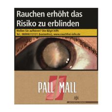 Schachtel Zigaretten Pall Mall Authentic rot Giga. Braune Packung mit roten Pausezeichen und weißem Pall Mall Logo.