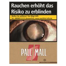 Schachtel Zigaretten Pall Mall Authentic rot Super. Braune Packung mit roten Pausezeichen und weißem Pall Mall Logo.