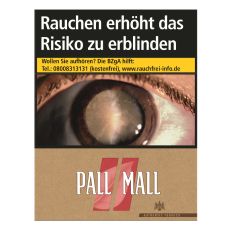 Schachtel Zigaretten Pall Mall Authentic rot. Braune Packung mit zwei rote Streifen als Pausezeichen und weißem Pall Mall Logo.