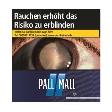 Schachtel Zigaretten Pall Mall blau Hercules. Dunkelblaue Packung mit hellblauen Streifen und weißem Pall Mall Logo.