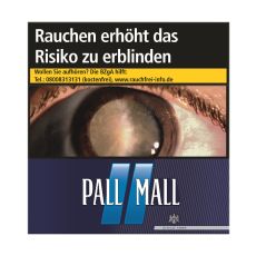 Schachtel Zigaretten Pall Mall blau Jumbo. Dunkelblaue Packung mit hellblauen Streifen und weißem Pall Mall Logo.