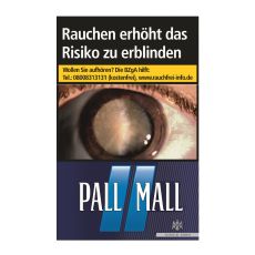 Schachtel Zigaretten Pall Mall blau. Dunkelblaue Packung mit hellblauen Streifen und weißem Pall Mall Logo.