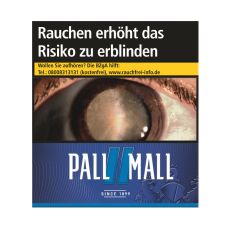 Schachtel Zigaretten Pall Mall Blau King. Dunkelblaue Packung mit hellblauem Pausezeichen und weißem Pall Mall Logo.