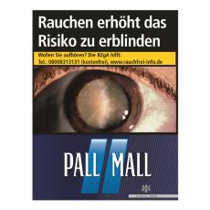 Schachtel Zigaretten Pall Mall blau XXL. Dunkelblaue Packung mit hellblauen Streifen und weißem Pall Mall Logo.