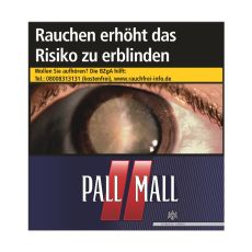 Schachtel Zigaretten Pall Mall rot Jumbo. Dunkelblaue Packung mit roten Streifen und weißem Pall Mall Logo.