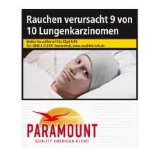 Schachtel Zigaretten Paramount Mega Pack 35 Stück. Weiße Packung mit mit rotem Paramont Logo, Sonne und Vogel.