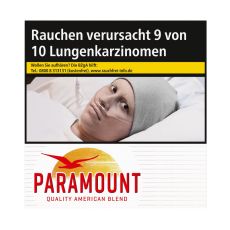 Schachtel Zigaretten Paramount. Große weiße Packung mit mit rotem Paramont Logo, Sonne und Vogel.