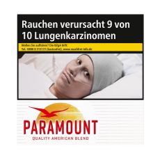 Schachtel Zigaretten Paramount Super Pack 53 Stück. Weiße Packung mit mit rotem Paramont Logo, Sonne und Vogel.