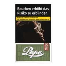 Schachtel Zigaretten Pepe Rich Green L. Grüne Packung mit weißem Pepe Logo.