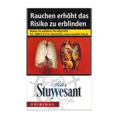 Schachtel Zigaretten Peter Stuyvesant. Weiße Packung mit blauem Peter Stuyvesant Logo und rotem Streifen mit Original.