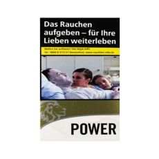 Schachtel Zigaretten Power Gold. Gold-weiße Packung mit Löwenkopf und schwarzer Power Aufschrift.