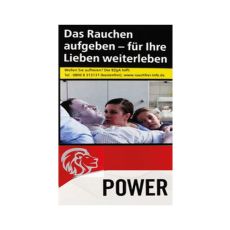 Schachtel Zigaretten Power Red. Rot-weiße Packung mit Löwenkopf und schwarzer Power Aufschrift.