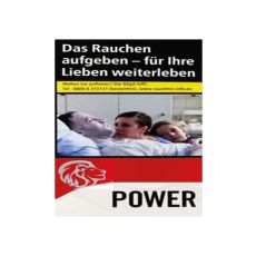 Schachtel Zigaretten Power Red Big Box. Rot-weiße Packung mit Löwenkopf und schwarzer Power Aufschrift.