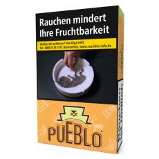 Schachtel Zigaretten Pueblo Orange. Orange Packung mit brauner Pueblo Aufschrift und hellgrünem Logo.