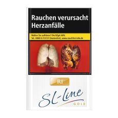 Schachtel Zigaretten R1 Gold SL-Line 20 Stück. Weiße Packung mit Streifen und goldenem R1 Logo sowie Aufschrift SL-Line.