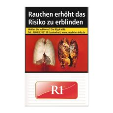 Schachtel Zigaretten R1 rot 20 Stück. Weiße Packung mit Streifen und rot-weißem R1 Logo.