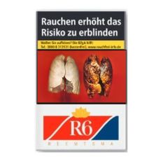 Schachtel Zigaretten R6 20 Stück. Weiße Packung mit rot-blauem R6 Logo mit goldenem Blatt.