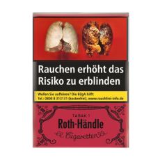 Schachtel Zigaretten Roth-Händle ohne Filter 20 Stück. Weinrote Packung mit schwarzem Roth-Händle Logo.