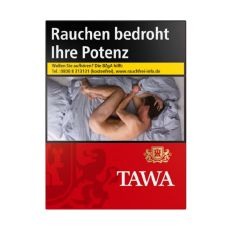 Schachtel Zigaretten Tawa Rot XL. Rote Packung mit weißer Tawa Aufschrift und goldenem Wappen mit Löwen.