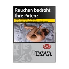 Schachtel Zigaretten Tawa Silver XL. Silberne Packung mit schwarzer Tawa Aufschrift und rotem Wappen mit Löwen.