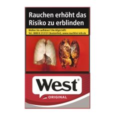 Schachtel Zigaretten West Original red 20 Stück. Rot-graue Packung mit schwarz-weißem West Logo.