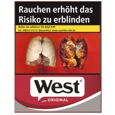 Schachtel Zigaretten West Original red 47 Stück. Rot-graue Packung mit schwarz-weißem West Logo.