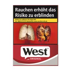 Schachtel Zigaretten West Original red 22 Stück. Rot-graue Packung mit schwarz-weißem West Logo.
