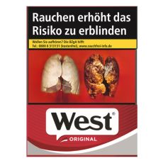 Schachtel Zigaretten West Original rot 29 Stück. Rot-graue Packung mit schwarz-weißem West Logo.