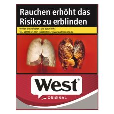 Schachtel Zigaretten West Original Red. Rot-graue Packung mit schwarz-weißem West Logo.