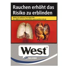 Schachtel Zigaretten West Silver 29 Stück. Silber-graue Packung mit weiß-schwarzem West Logo.