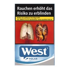 Schachtel Zigaretten West Polar. Blau-weiße Packung mit Polar Aufschrift und West Logo.