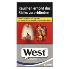 Schachtel Zigaretten West Silver Long. Schlanke silber-graue Packung mit weiß-schwarzem West Logo.