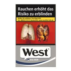 Schachtel Zigaretten West Silver 20 Stück. Silber-graue Packung mit weiß-schwarzem West Logo.