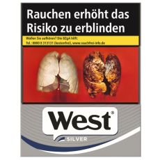 Schachtel West Zigaretten Silver / Silber  mit einem Packungsinhalt von 50 Filterzigaretten. West Zigaretten Silver / Silver Stange mit 6 Packungen.