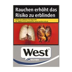 Schachtel Zigaretten West Silver 22 Stück. Silber-graue Packung mit weiß-schwarzem West Logo.