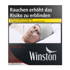 Schachtel Zigaretten Winston black 6XL. Schwarze Packung mit weißem Winston Logo und Warnhinweis.