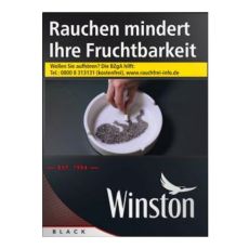 Schachtel ZIgaretten Winston black XL. Schwarze Packung mit weißem Winston Logo mit Warnhinweis.
