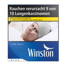 Schachtel Zigaretten Winston blau 6XL. Blaue Packung mit weißem Winston Logo und Warnbild.