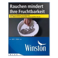 Schachtel Zigaretten Winston Blau XXL. Blaue Packung mit weißem Winston Logo und Warnhinweis.