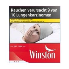Schachtel Zigaretten Winston Red 6XL. Rote Packung mit weißer Winston Aufschrift und Vogel.