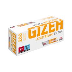 Packung Zigarettenhülsen Gizeh  Airstream Extra. Weiße Packung mit oranger Gizeh Aufschrift und Gizeh Logo.