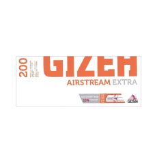 Packung Zigarettenhülsen Gizeh  Airstream Extra. Weiße Packung mit oranger Gizeh Aufschrift und Gizeh Logo.