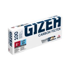Packung Zigarettenhülsen Gizeh Carbon Filter. Weiße Packung mit dunkelblauer Gizeh Carbon Filter Aufschrift.