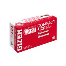 Packung Zigarettenhülsen Gizeh Compact Size. Rot-weiße Packung mit weißer Gizeh Compact Size Aufschrift und Gizeh Logo.