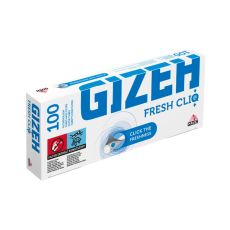 Packung Zigarettenhülsen Gizeh Fresh Cliq. Weiße Packung mit blauer Gizeh Aufschrift und Freshness Buttom.