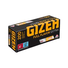 Packung Zigarettenhülsen Gizeh Full Flavor Extra. Schwarze Packung mit orange Aufschrift und Gizeh Logo.