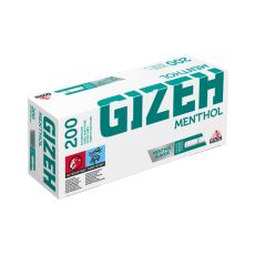 Packung  Filterhülsen Gizeh Menthol. Weiße Packung mit grüner Gizeh Menthol Aufschrift und Filter Abbildung.